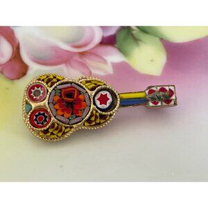 Vintage 1960s Multicolor Micro Mosaic Glass Tile Guitar  Brooch